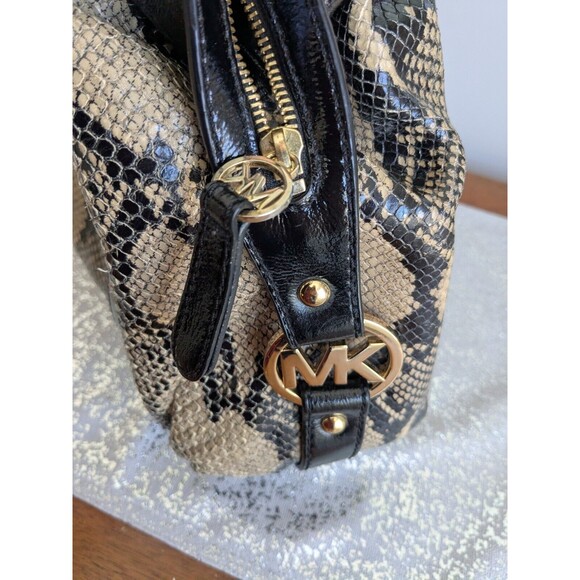 Michael Kors Honey Black Patent Leather Snake Python Embossed Tote Shoulder Bag - Picture 13 of 16